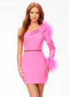 Pink ASHLEYlauren 4526 fitted scuba cocktail dress featuring a one shoulder design with feather details, scattered heat set stones, and a sleek fitted skirt for a bold and elegant look.
