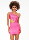 Pink ASHLEYlauren 4533 one shoulder jersey cocktail dress featuring an asymmetrical cut-out side, heat set stone embellishments, and a fitted skirt for a bold and glamorous look.