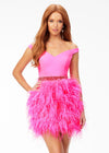 Pink ASHLEYlauren 4536 off shoulder cocktail dress featuring a sweetheart neckline, crystal-encrusted belt, and a fitted fully feather skirt for a glamorous and elegant look.