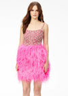 Pink ASHLEYlauren 4537 cocktail dress featuring a fully encrusted crystal square neckline, spaghetti straps, lace-up back, fully beaded bustier, and a full feather skirt for a bold and glamorous look.