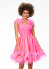 Pink ASHLEYlauren 4544 organza A-line cocktail dress featuring a ruched V-neckline bustier, feather-detailed straps, a ruched waistline, and an A-line skirt trimmed in feathers for an elegant and whimsical finish.