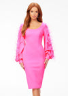 Pink ASHLEYlauren 4545 elegant scuba cocktail dress featuring a scoop neckline, bishop sleeves embellished with scattered crystals and feathers, a fitted tea-length skirt, and a full zipper back for a sophisticated finish.