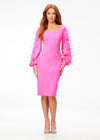 Pink ASHLEYlauren 4545 elegant scuba cocktail dress featuring a scoop neckline, bishop sleeves embellished with scattered crystals and feathers, a fitted tea-length skirt, and a full zipper back for a sophisticated finish.