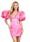 Pink ASHLEYlauren 4549 cocktail dress featuring a V-neckline, oversized puff sleeves, heat set stone-embellished waistband, fitted skirt, and center lace-up back for a bold and glamorous look.