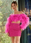 Pink ASHLEYlauren 4562 – A glamorous off-shoulder two-piece cocktail dress encrusted with crystals, featuring a bustier and mesh sleeves adorned with feathers for a dramatic, chic look. Perfect for a standout event.