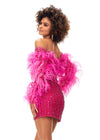 Back - ASHLEYlauren 4562 – A glamorous off-shoulder two-piece cocktail dress encrusted with crystals, featuring a bustier and mesh sleeves adorned with feathers for a dramatic, chic look. Perfect for a standout event.