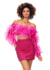 ASHLEYlauren 4562 – A glamorous off-shoulder two-piece cocktail dress encrusted with crystals, featuring a bustier and mesh sleeves adorned with feathers for a dramatic, chic look. Perfect for a standout event.