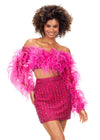 Pink ASHLEYlauren 4562 – A glamorous off-shoulder two-piece cocktail dress encrusted with crystals, featuring a bustier and mesh sleeves adorned with feathers for a dramatic, chic look. Perfect for a standout event.
