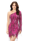 Pink ASHLEYlauren 4563 one shoulder cocktail dress featuring an intricate bead pattern, scattered fringe details, and a unique zigzag hemline for a bold and glamorous look.