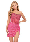 Pink ASHLEYlauren 4564 strapless cocktail dress featuring an illusion bustier with exposed boning and a wrap sequin skirt for a modern and sophisticated look.