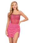 Front - Pink ASHLEYlauren 4564 strapless cocktail dress featuring an illusion bustier with exposed boning and a wrap sequin skirt for a modern and sophisticated look.