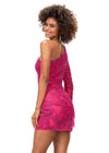 Back - Pink ASHLEYlauren 4565 fully beaded cocktail dress featuring a one sleeve design, modern waist cut-out, and feather accents at the wrist for a bold and glamorous look.