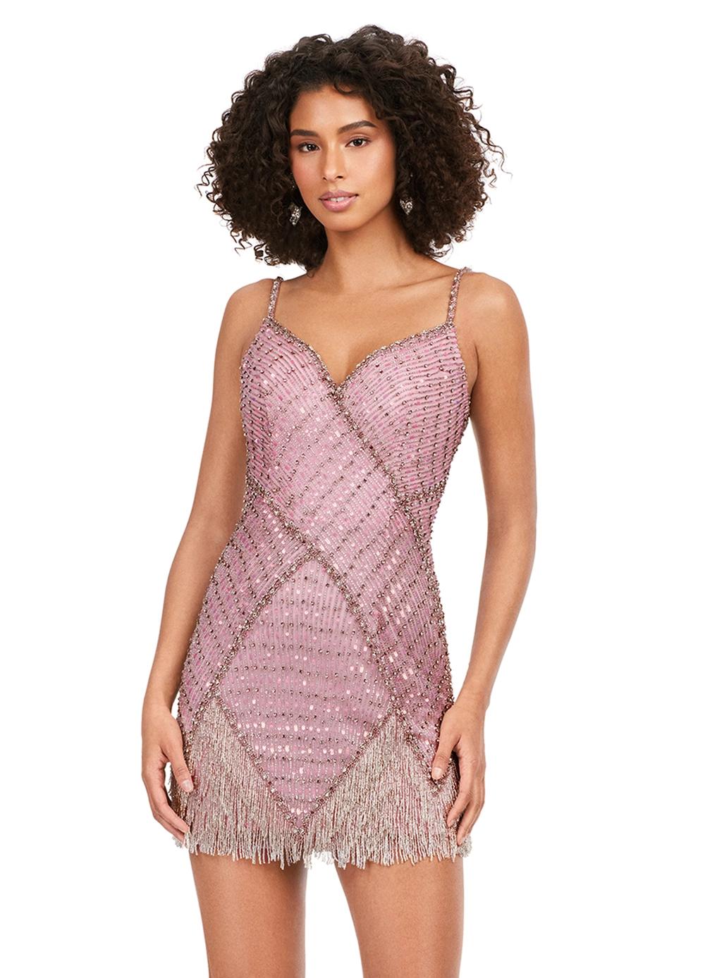 Pink ASHLEYlauren 4593 – A stunning beaded cocktail dress featuring a sweetheart neckline, spaghetti straps, and an intricate bead pattern. The fitted skirt is finished with fringe for a bold, elegant look. Perfect for any special event.