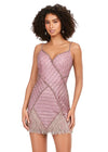 Pink ASHLEYlauren 4593 – A stunning beaded cocktail dress featuring a sweetheart neckline, spaghetti straps, and an intricate bead pattern. The fitted skirt is finished with fringe for a bold, elegant look. Perfect for any special event.