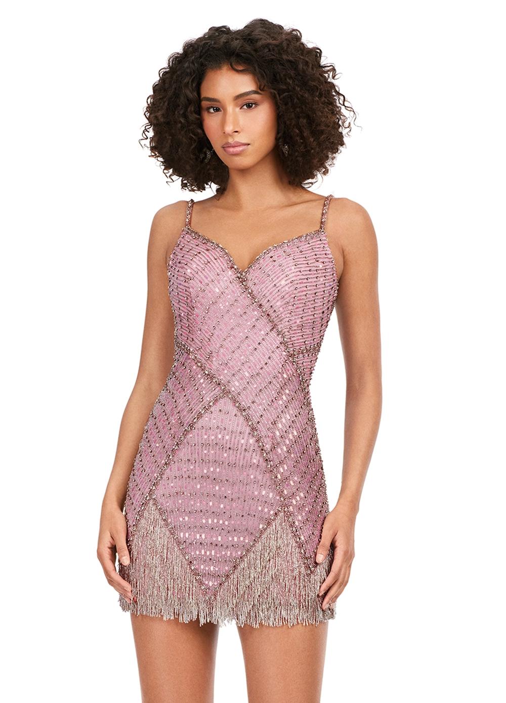 Pink ASHLEYlauren 4593 – A stunning beaded cocktail dress featuring a sweetheart neckline, spaghetti straps, and an intricate bead pattern. The fitted skirt is finished with fringe for a bold, elegant look. Perfect for any special event.