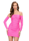 Pink ASHLEYlauren 4598 form-fitting strapless cocktail dress featuring elegant ruching, detachable sleeves, and heat-set stones for a glamorous and versatile statement look.