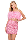 Pink ASHLEYlauren 4599 – A stunning two-piece set featuring a strapless feather bustier and a fully beaded fitted skirt. This gorgeous, statement-making outfit is a must-have addition to your closet.