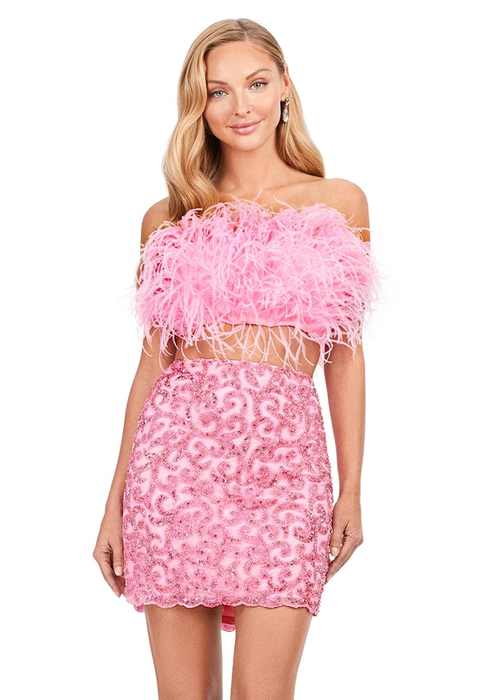 Pink ASHLEYlauren 4599 – A stunning two-piece set featuring a strapless feather bustier and a fully beaded fitted skirt. This gorgeous, statement-making outfit is a must-have addition to your closet.