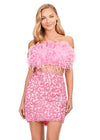Pink ASHLEYlauren 4599 – A stunning two-piece set featuring a strapless feather bustier and a fully beaded fitted skirt. This gorgeous, statement-making outfit is a must-have addition to your closet.