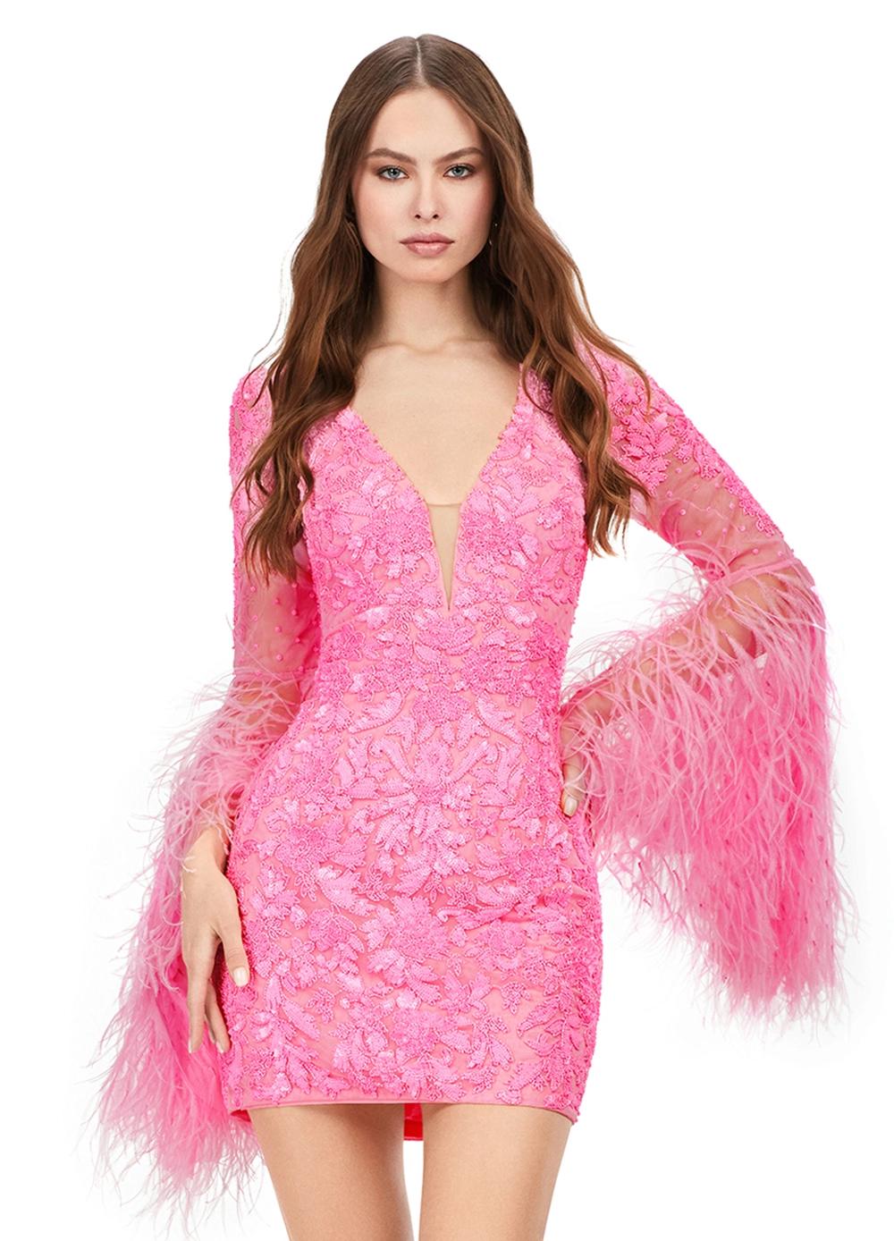 Pink ASHLEYlauren 4603 fully beaded cocktail dress featuring a V-neckline, feather-adorned flare sleeves, full back, and fitted skirt for a bold and glamorous statement look.