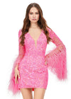 Pink ASHLEYlauren 4603 fully beaded cocktail dress featuring a V-neckline, feather-adorned flare sleeves, full back, and fitted skirt for a bold and glamorous statement look.