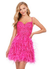 Pink ASHLEYlauren 4604 – A fabulous cocktail dress featuring intricate beading throughout, a sweetheart neckline, spaghetti straps, and an A-line skirt adorned with feather details. Perfect for turning heads on the dance floor or stage.