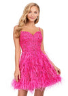 Pink ASHLEYlauren 4604 – A fabulous cocktail dress featuring intricate beading throughout, a sweetheart neckline, spaghetti straps, and an A-line skirt adorned with feather details. Perfect for turning heads on the dance floor or stage.