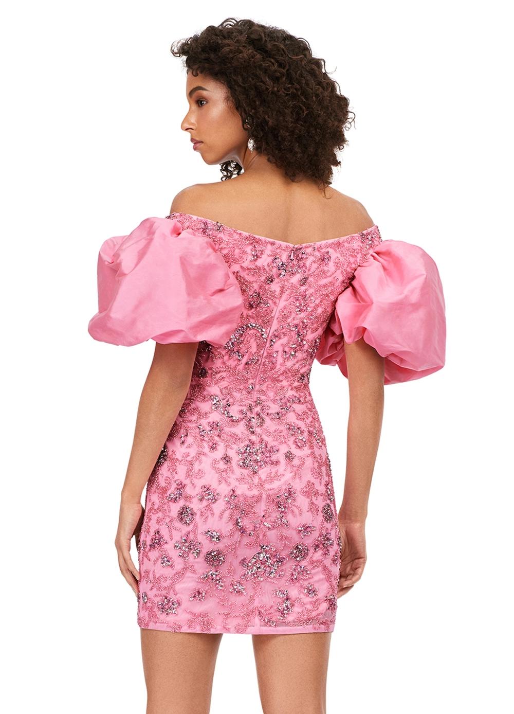 Back - Pink ASHLEYlauren 4609 off shoulder gown featuring taffeta puff sleeves, intricate beading throughout, and a fitted skirt for an elegant and timeless look.