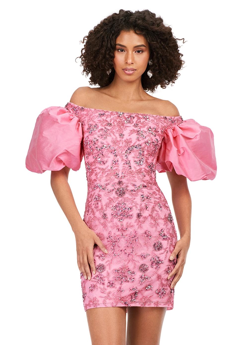 Pink ASHLEYlauren 4609 off shoulder gown featuring taffeta puff sleeves, intricate beading throughout, and a fitted skirt for an elegant and timeless look.