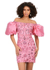Pink ASHLEYlauren 4609 off shoulder gown featuring taffeta puff sleeves, intricate beading throughout, and a fitted skirt for an elegant and timeless look.