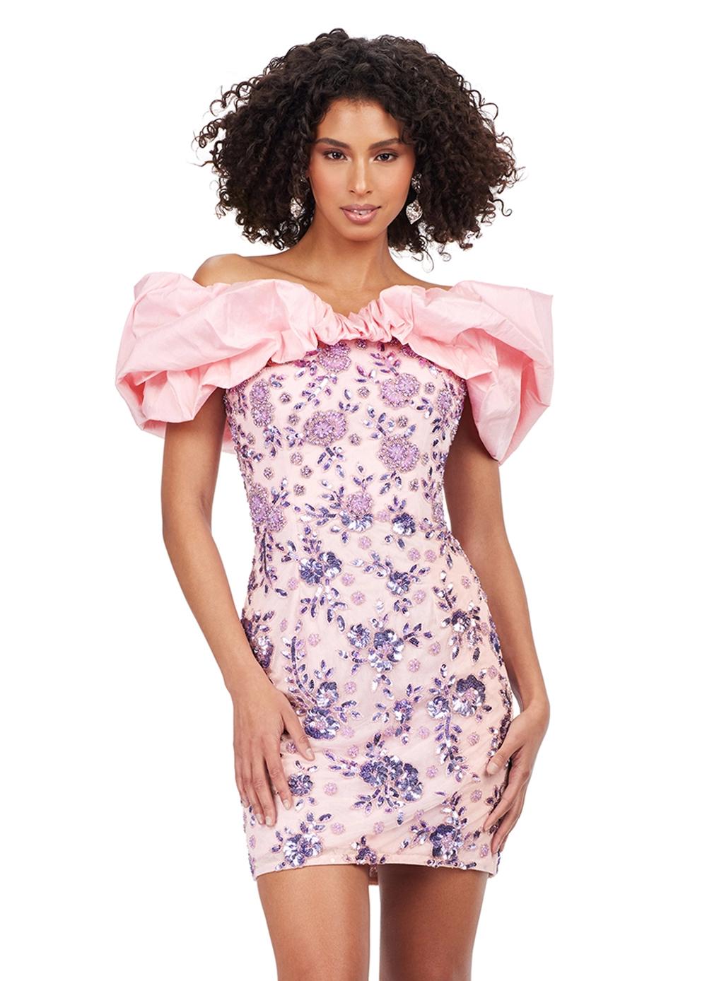 Pink ASHLEYlauren 4613 fully beaded cocktail dress featuring an off shoulder neckline with oversized taffeta ruffle detail and a fitted skirt for a bold and fun statement look.