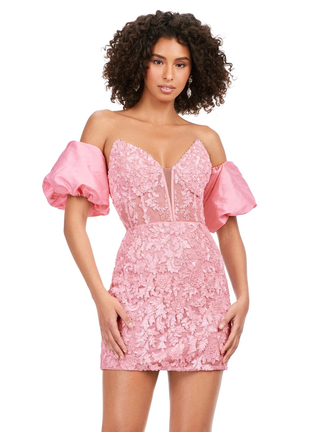 Pink ASHLEYlauren 4614 fully beaded cocktail dress featuring a strapless corset bustier, intricate beadwork, and dramatic taffeta puff sleeves for an elegant and standout look.