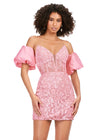 Pink ASHLEYlauren 4614 fully beaded cocktail dress featuring a strapless corset bustier, intricate beadwork, and dramatic taffeta puff sleeves for an elegant and standout look.