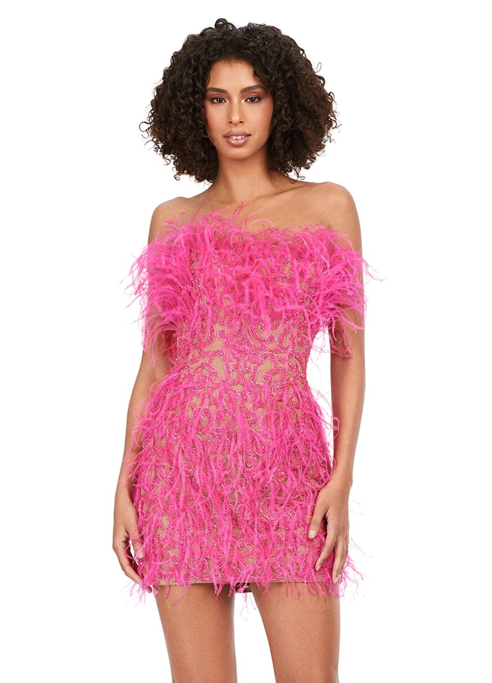 Pink ASHLEYlauren 4615 – A stunning, fully beaded strapless cocktail dress featuring feather details and a fitted skirt. Perfect for making a bold statement and feeling like royalty at any event.