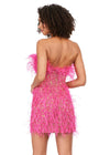 Back - Pink ASHLEYlauren 4615 – A stunning, fully beaded strapless cocktail dress featuring feather details and a fitted skirt. Perfect for making a bold statement and feeling like royalty at any event.