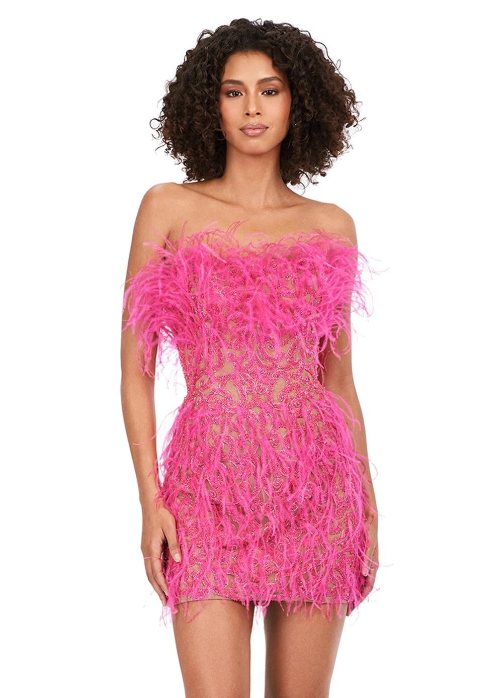 Pink ASHLEYlauren 4615 – A stunning, fully beaded strapless cocktail dress featuring feather details and a fitted skirt. Perfect for making a bold statement and feeling like royalty at any event.