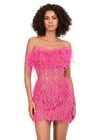 Pink ASHLEYlauren 4615 – A stunning, fully beaded strapless cocktail dress featuring feather details and a fitted skirt. Perfect for making a bold statement and feeling like royalty at any event.