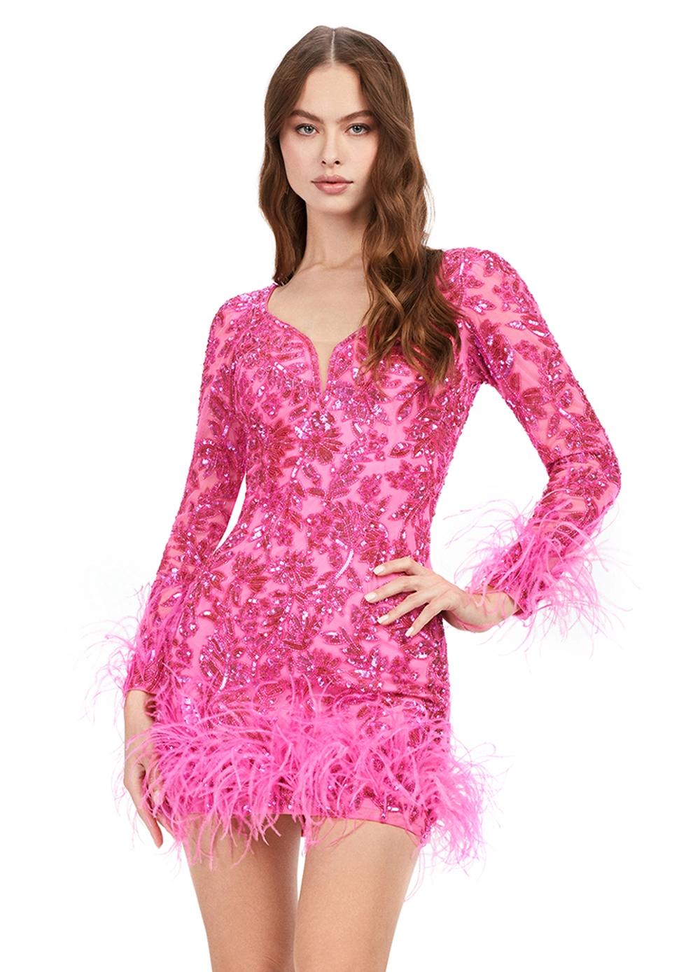 Pink ASHLEYlauren 4616 fully sequin cocktail dress featuring a V-neckline, open back, fitted skirt, and feather details along the skirt and sleeves for a luxurious and dramatic look.