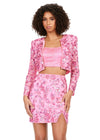 Pink ASHLEYlauren 4618 three piece set featuring a fully liquid beaded crop top, intricately beaded jacket, and a fitted skirt with a slit for a bold and fashionable statement look.