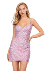 Pink ASHLEYlauren 4625 fully beaded sequin cocktail dress featuring a sweetheart neckline, double spaghetti straps, fitted silhouette, and lace-up back for a glamorous and elegant look.