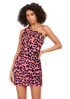 Pink ASHLEYlauren 4630 fully beaded cocktail dress featuring a one shoulder neckline, hand-beaded cheetah design, fitted skirt, and lace-up back for a bold and standout look.