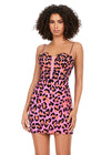 Pink ASHLEYlauren 4631 fully beaded cocktail dress featuring a cheetah print design, beaded spaghetti straps, corset bustier, and fitted skirt for a fun and flirty statement look.