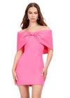 Pink ASHLEYlauren 4640 off shoulder scuba cocktail dress featuring oversized bow details, off shoulder straps, and a fitted skirt for a chic and elegant look.
