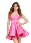Pink ASHLEYlauren 4644 strapless satin cocktail dress featuring a sweetheart neckline, A-line skirt, and a fully beaded choker for an elegant and sophisticated look.