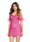 Pink ASHLEYlauren 4651 fully beaded sequin cocktail dress featuring a sweetheart neckline, lace-up back, and fun feathered off shoulder sleeves for a bold and glamorous look.