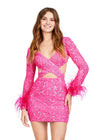 Pink ASHLEYlauren 4653 fully beaded cocktail dress featuring a V-neckline, long sleeves trimmed with feathers, bold cutouts, and a fitted skirt for a fun and flirty statement look.