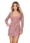 Pink ASHLEYlauren 4658 fully beaded cocktail dress featuring a plunging V-neckline, long sleeves, and fringe details for a bold and regal statement look.