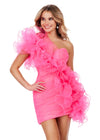 Pink ASHLEYlauren 4672 fitted organza cocktail dress featuring an oversized asymmetrical one shoulder ruffle cascading onto the skirt and an asymmetrical hem for a bold and elegant statement look.