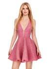 Pink ASHLEYlauren 4677 fully crystal beaded cocktail dress featuring a deep V-neckline, halter design, open back, and a flirty A-line skirt for a glamorous and head-turning look.