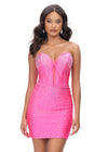 Pink ASHLEYlauren 4689 strapless jersey cocktail dress featuring a fully beaded corset bustier, illusion V-neckline, fitted skirt, and press-on stone embellishments for a glamorous and sophisticated look.